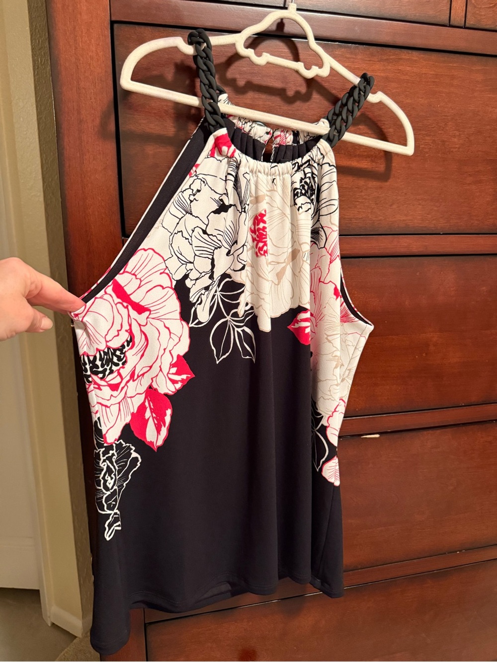 White House Black Market Black Floral Halter Cami with Braided Straps